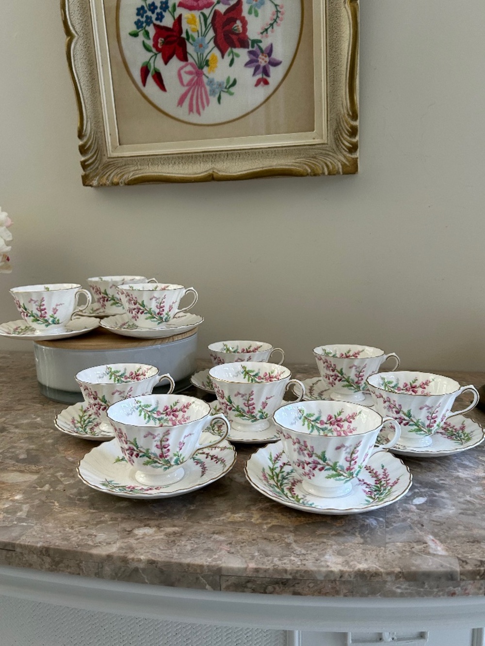 10 Sets:  Vintage Royal Doulton's 'Bell Heather' Cups & Saucers